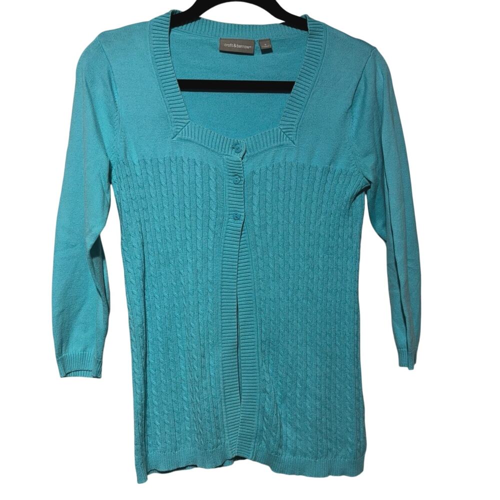 Croft & Barrow Blue Turquoise Cardigan Boatneck Top Buttons Vintage Sweater FLAW
